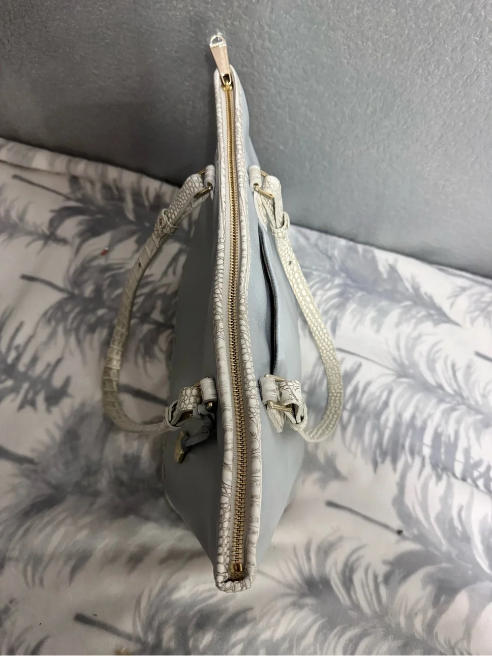 Brahmin Powder Blue Tote with White Croc-Trim